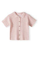 Soft pink short sleeve knit cardigan with button front and delicate pointelle design for kids fashion