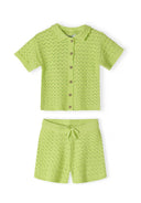 Light green pointelle knit short sleeve button-up top and matching shorts set with unique design for kids.