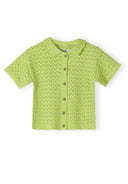 Light green short sleeve knit cardigan with button front and delicate pointelle design for girls.