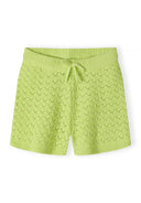 Light green girls knit shorts with intricate pointelle design and adjustable drawstring waistband