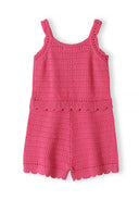 Pink breathable crochet girls jumpsuit with adjustable straps and scalloped edges, ideal for kids' summer fashion.