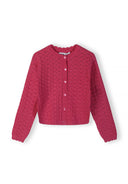 Pink slim fit girls cardigan with button-up front and intricate textured knit design