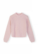 Pink girls jumper with textured knit pattern and wave-shaped hem, designed for comfortable kids fashion.