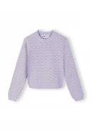 Lilac girls jumper with waved trim and textured knit design, featuring a crew neck and long sleeves.