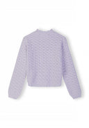 Lilac knitted girls jumper with waved trim and textured pattern, suitable for kids aged 3 to 15 years.