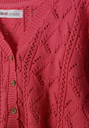 Close-up of pink cotton knit cardigan with button-up detail and intricate pointelle design for girls.