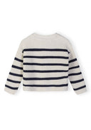 Back view of a girls white and navy striped cardigan with long sleeves.