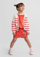 Girls knitted cardigan with coral and white stripes, front view, featuring daisy embroidery and button fastening.