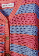 Close-up of pastel coral and blue striped knit girls cardigan with wooden buttons and textured design