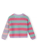 Pastel striped girls knit cardigan with lilac trim, featuring a soft cotton blend and breathable design for kids fashion.