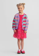Young girl wearing a pastel striped knit cardigan over a bright dress, showcasing a charming kids fashion design.