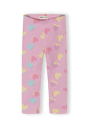 Pink leggings with colorful heart patterns designed for kids, showcasing a playful and unique design for baby fashion.