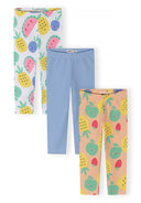 Three girls capri leggings in blue, apricot, and white featuring playful fruit print designs with a comfortable fit.