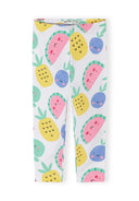 Kids capri leggings with playful fruit faces design in pastel colors on a white background for toddler girls.