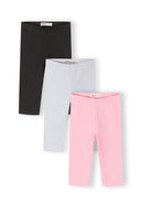 Set of three girls capri leggings in pink, navy, and white with elasticated waistbands featuring a simple, classic design.