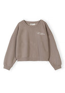 Brown sweatshirt with unique embroidered design, round neckline, and ribbed cuffs in a relaxed fit style