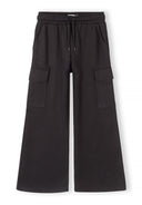 Black wide leg joggers with flap pockets and elasticated waistband made from smooth viscose fabric.