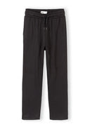 Black wide leg joggers featuring an elasticated waist with drawstring and side pockets in a soft viscose blend design.