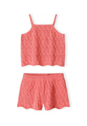 Coral pink crochet knit tank top and shorts set for girls featuring detailed textured pattern design