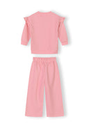 Pink girls cotton blend tracksuit with ruffle detail and adjustable waistband, comfortable stylish kids fashion design