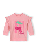 Pink kids sweatshirt with cherry graphic and ruffle detail on sleeves, featuring adjustable waistband design.