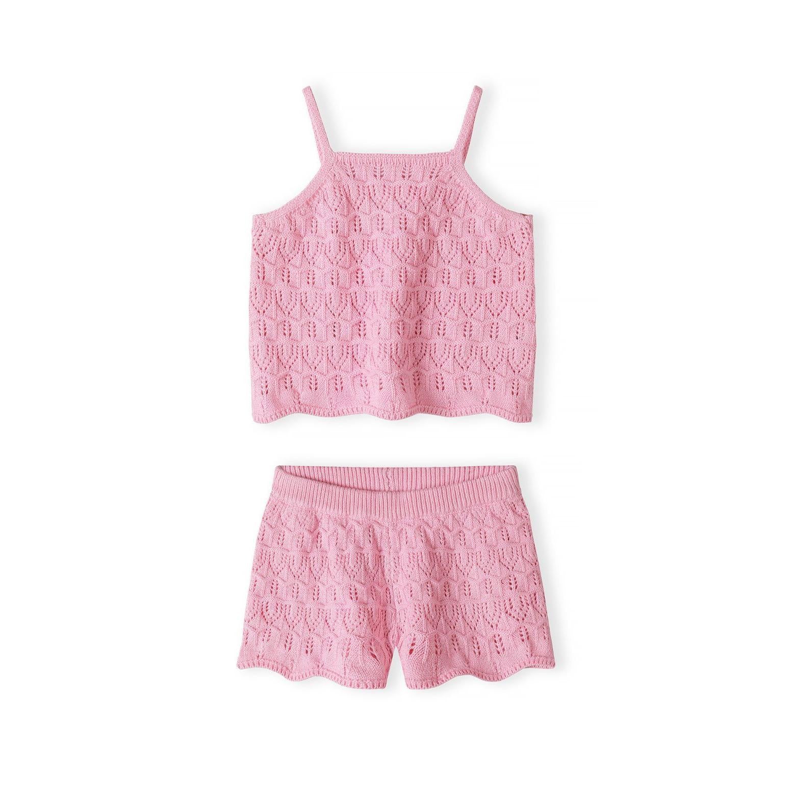 Pink crochet sleeveless top laid flat showing detailed openwork pattern and adjustable shoulder straps against white background