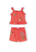 Girls gingham two-piece set with ruffled straps and colorful fruit embroidery in bright orange design