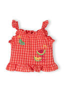Red gingham girls top with ruffled straps and colorful fruit embroidery design on front