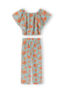 Light blue floral girls set with wide sleeve top and elastic waist pants featuring a unique, stylish design.