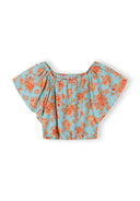Light blue girls top with orange floral design and wide flutter sleeves, stylish kids fashion piece.