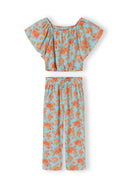 Light blue girls two-piece set with orange floral design featuring a flowing top and comfortable wide-leg pants