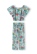 Girls mint two-piece set with tropical floral and butterfly print design, featuring a crop top and wide-leg pants.
