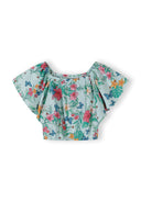 Girls tropical print top with wide sleeves and colorful floral design in mint tones, kids summer fashion.