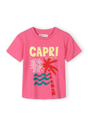 Pink girls t-shirt with colorful Capri design featuring a palm tree, sun, and waves, part of a two-piece activewear set.