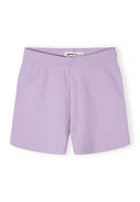 Soft lavender ribbed shorts for girls with an elasticated waistband, designed for comfort and style.
