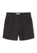 Black ribbed kids shorts with elasticated waistband, comfortable and stylish design for active children.