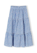Blue floral maxi skirt for girls with elasticated waistband and tiered design for kids fashion.