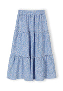Blue floral elasticated waistband maxi skirt for girls featuring tiered ruffle design and soft fabric for comfort.