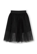 Black pleated tulle skirt for girls with a soft waistband, featuring a unique layered design for a stylish look.