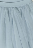 Close-up of grey pleated tulle fabric with soft design and elastic waistband for kids' fashion.