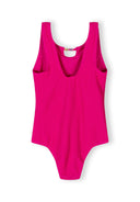 Bright pink girls swimsuit with scoop neck and pearl embellishments, featuring a unique textured design for ages 3 to 11 years.