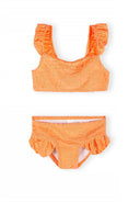 Neon orange floral jacquard bikini set for girls with ruffle trim and adjustable straps in a quick-dry fabric.