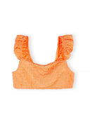 Neon orange floral jacquard bikini top for girls with ruffle trim and adjustable straps, designed for quick-dry comfort.