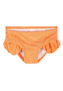 Neon orange floral jacquard bikini bottom with ruffle trim, designed for girls aged 3 to 11 years.