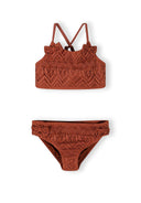 Copper crochet girls bikini with adjustable straps and breathable open-knit design for kids fashion.