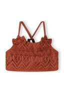 Copper crochet bikini top for girls with adjustable straps and delicate open-knit breathable design