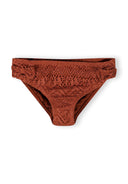 Copper-colored girls bikini bottom with breathable crochet open-knit design and adjustable side straps detail.