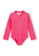 Girls long sleeve pink swimsuit with front zipper featuring unique textured design for kids 2 to 14 years