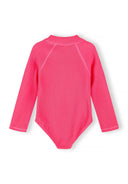 Girls long sleeve solid pink swimsuit with textured design and front zipper for kids aged 2-14 years