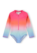 Girls long sleeve swimsuit with blue to pink ombre design and front zipper, ideal for kids' active beachwear.